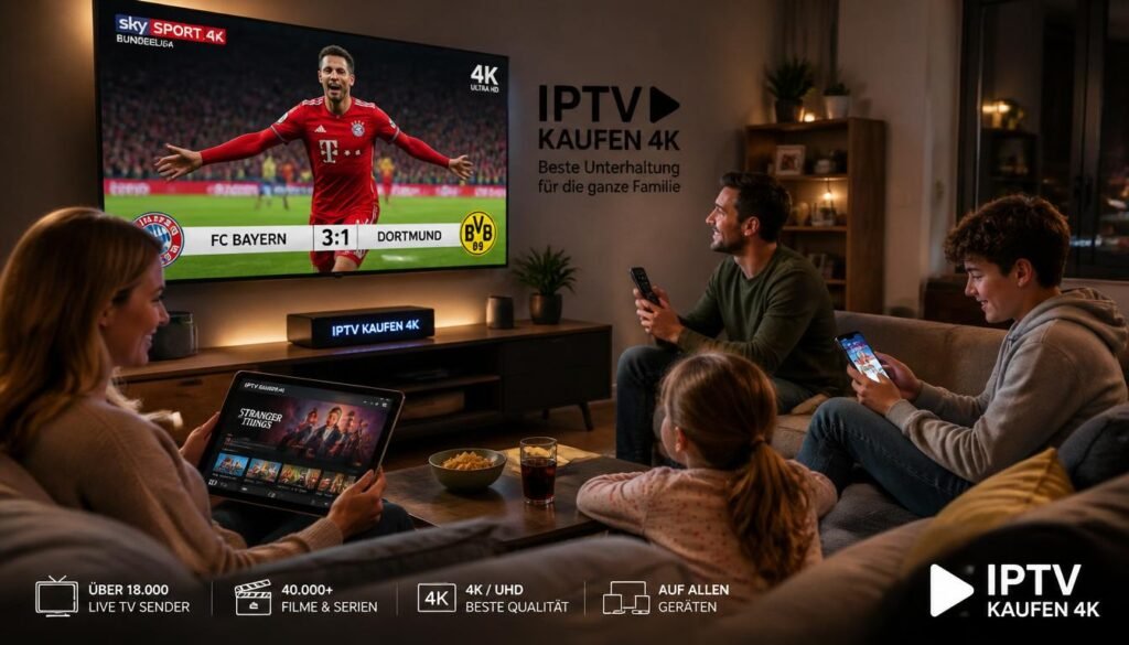 Familie nutzt IPTV Kaufen 4K auf verschiedenen Geräten gleichzeitig - Smart TV, Tablet und Smartphone mit deutscher Programmvielfalt