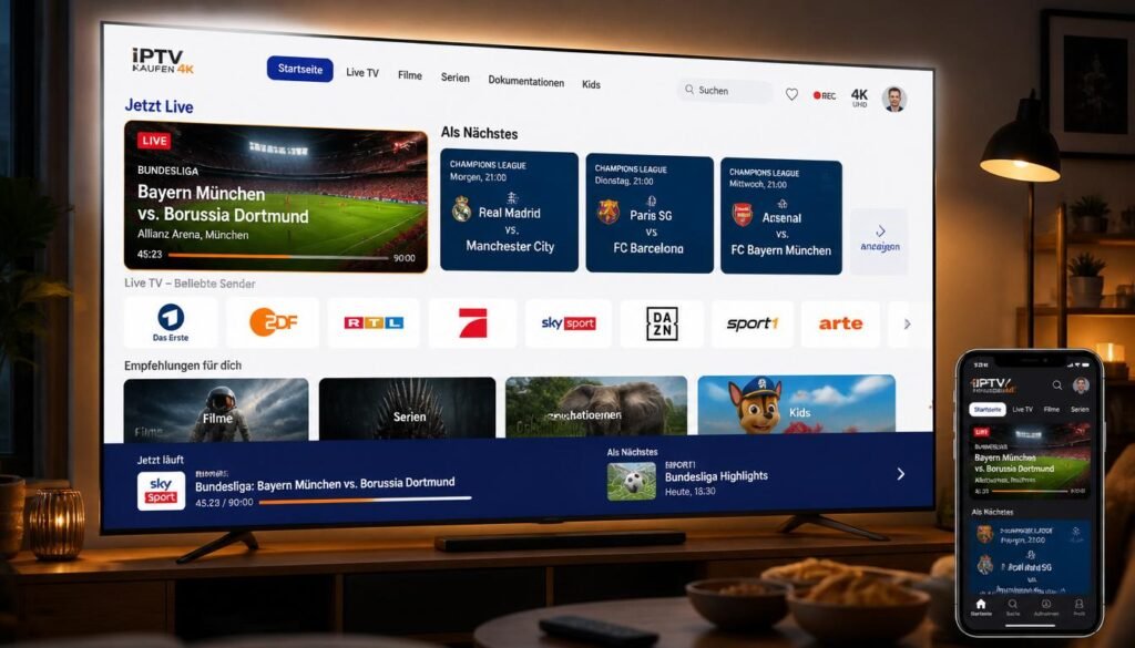 IPTV Kaufen 4K Benutzeroberfläche auf 4K-Curved-TV mit elektronischem Programmführer EPG, Live-Sport Bundesliga, Filme und Serien in deutscher Sprache – modernes UI-Design in Blau-Weiß-Orange