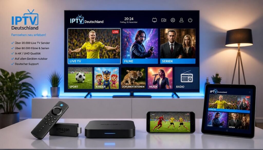 IPTV Kaufen 4K Setup mit Smart TV, Fire TV Stick und Android Box - Streaming in 4K Qualität für Deutschland, Österreich und Schweiz