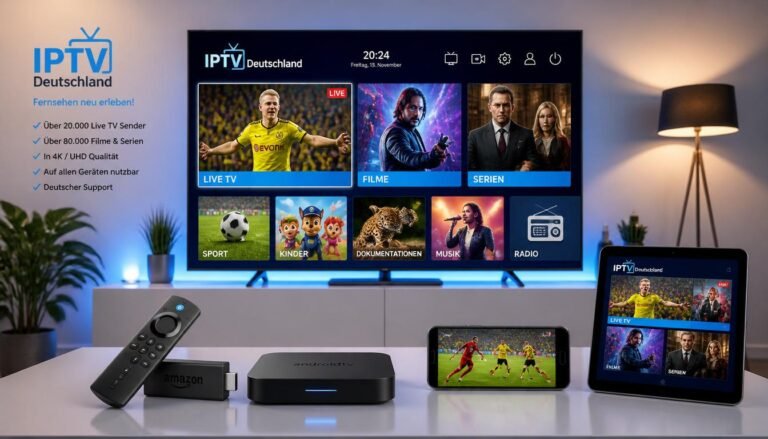 IPTV Kaufen 4K Setup mit Smart TV, Fire TV Stick und Android Box - Streaming in 4K Qualität für Deutschland, Österreich und Schweiz