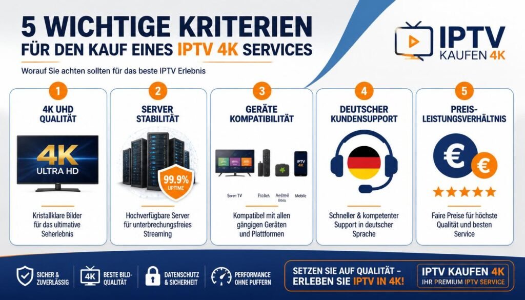 Infografik: 5 entscheidende Kriterien beim IPTV Kaufen - Bildqualität 4K, Server-Stabilität, Geräte-Kompatibilität, Kundensupport und Preis-Leistung