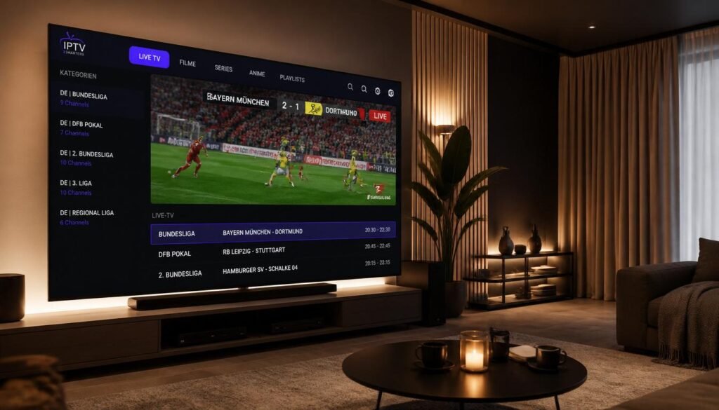 IPTV 2026 auf modernem Smart TV mit 4K Streaming Interface, Deutschland