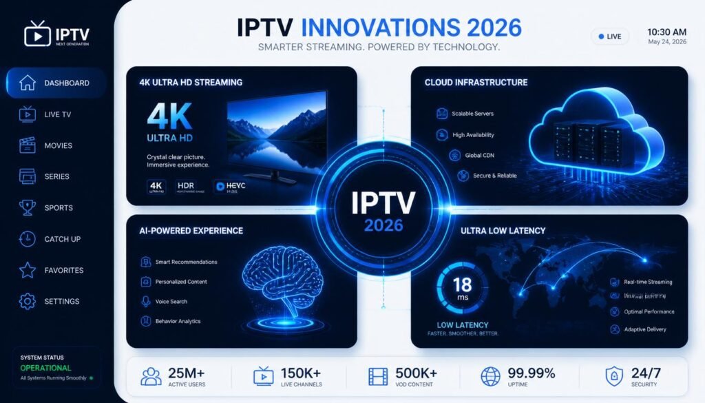 Moderne IPTV Technologien 2026: 4K, Cloud, KI, Low-Latenz