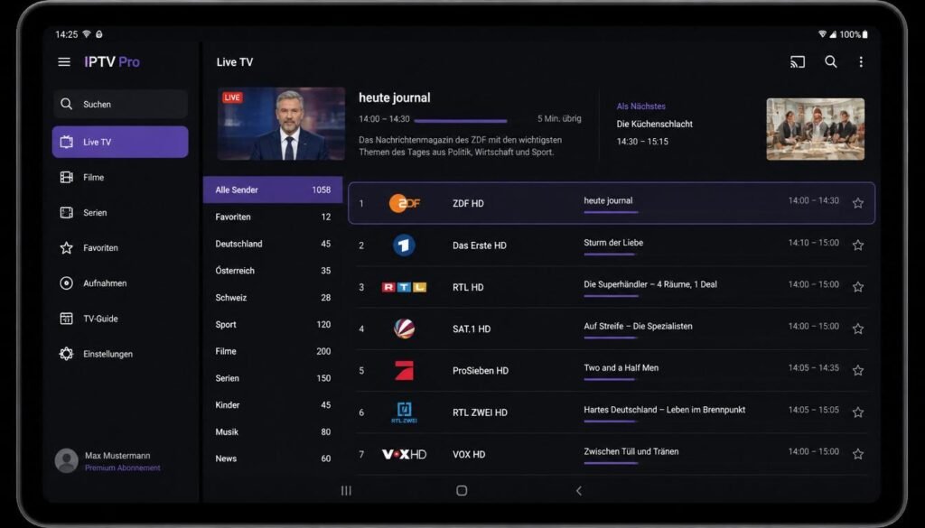 Benutzeroberfläche der IPTV Pro App